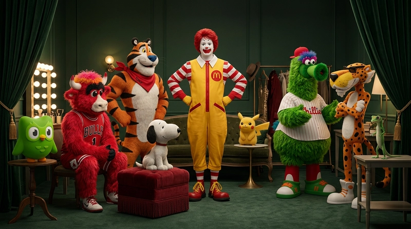 A group of brand mascots including Ronald McDonald, 
Tony the Tiger, 
Snoopy, Benny the Bull, ِDuo (Duolingo)
Philly Phanatic, 
Chester Cheetah, 
Geico Gecko, and
Pikachu
