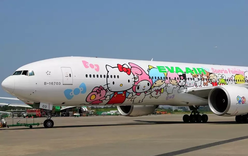 Hello Kitty' image on an airplane, an example of using mascots to avoid brand dilution 