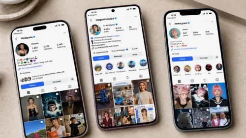 Three smart phone devices displaying Instagram pages of top three virtual influencers named Lil Miquela, Lu do Magalu, and Imma Gram