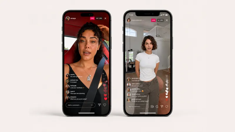 Two smart phone devices displaying two female virtual influencers who are hosting live stream on TikTok and Instagram 