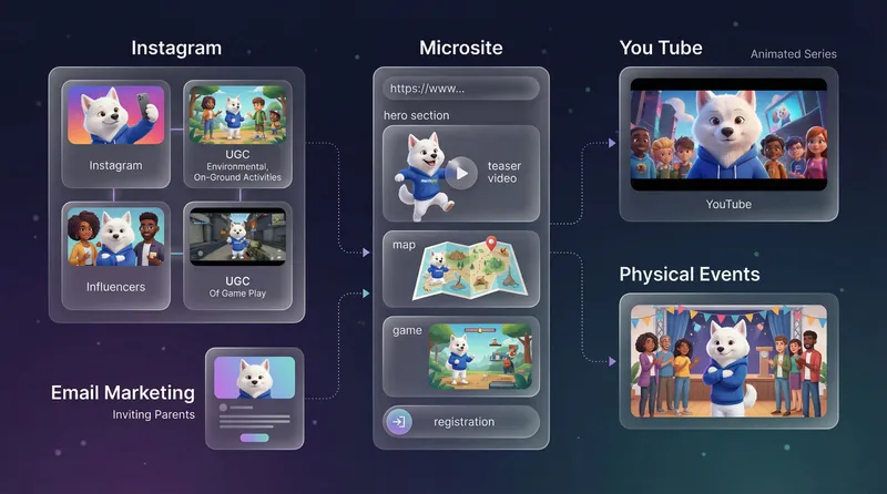 Multichannel expansion for a brand mascot that displays the mascot in different narratives in microsite, Instagram, Youtube, physical events and email marketing 