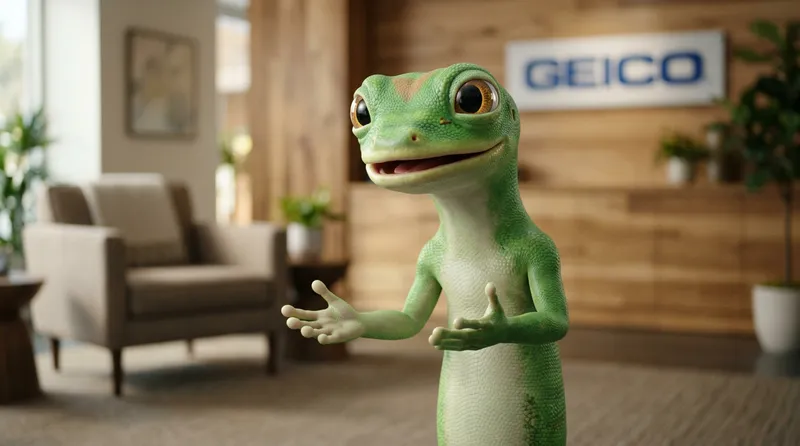 The GEICO Gecko, a brand mascot, in the office 
