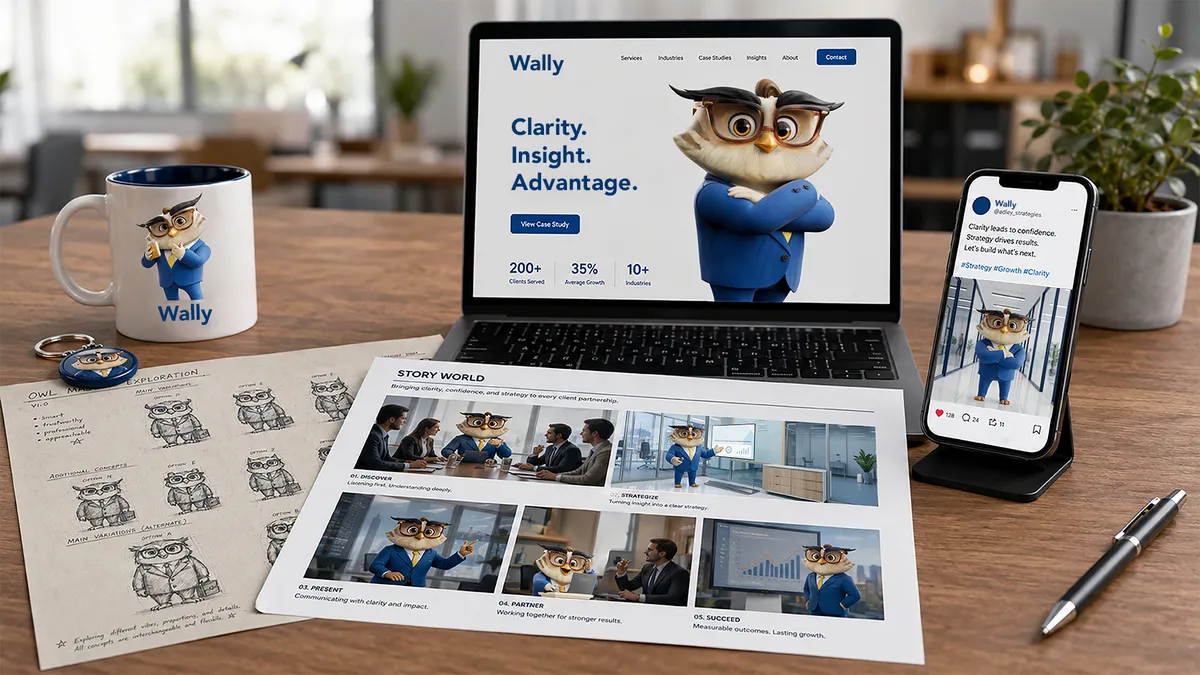 the image of an owl mascot on the website, social media post, mug, etc, as examples of mascot marketing efforts