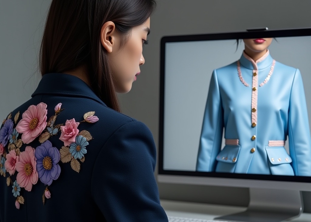 AI generated model with floral outfit in front of a monitor displaying outfits