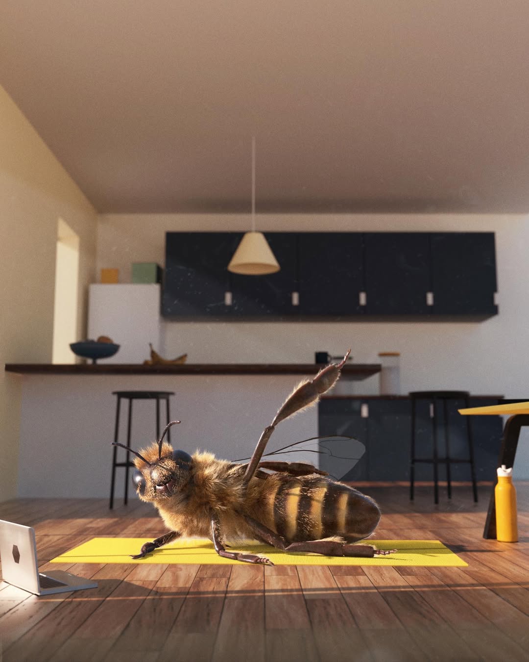Bee virtual influencer resting on the floor, doing exercises at home