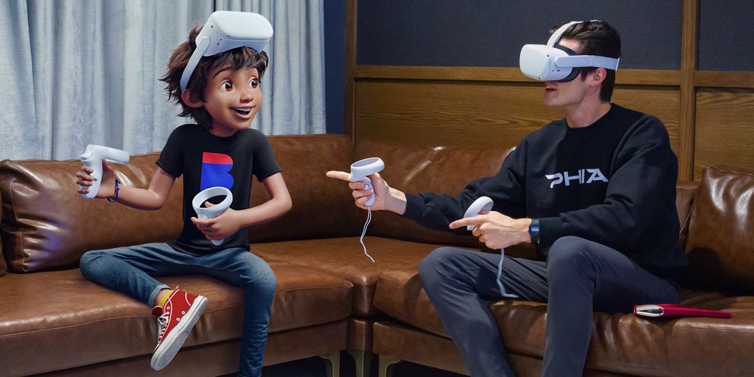 CB - a Brazilian AI shop assistant and a real men both sitting on a coach and wearing AR glasses 