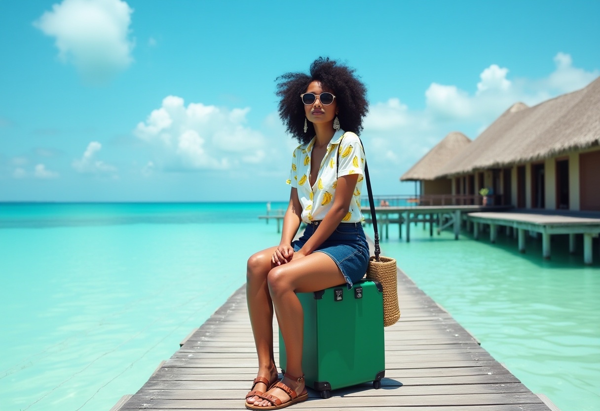 mixed race Female travel virtual influencer, having curley black hair and short denim skirt, sitting in sea coast