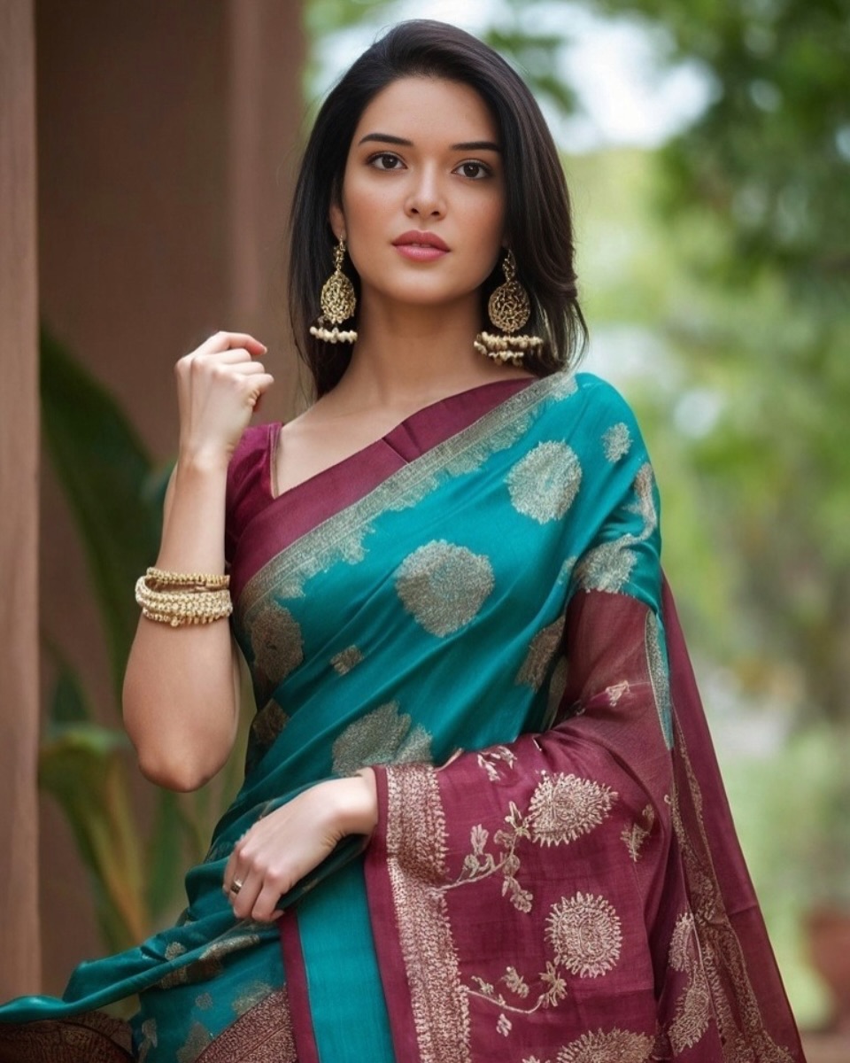 Kyraonig virtual influencer, wearing Indian traditional clothes and accessories 