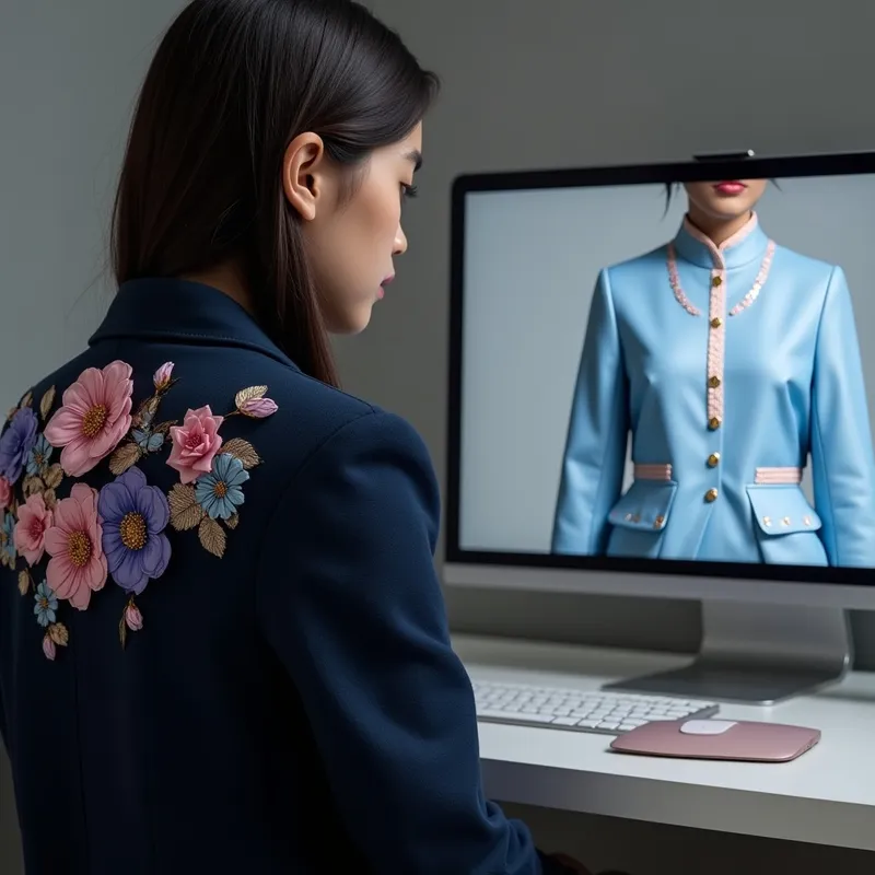 AI generated model with floral outfit in front of a monitor displaying outfits