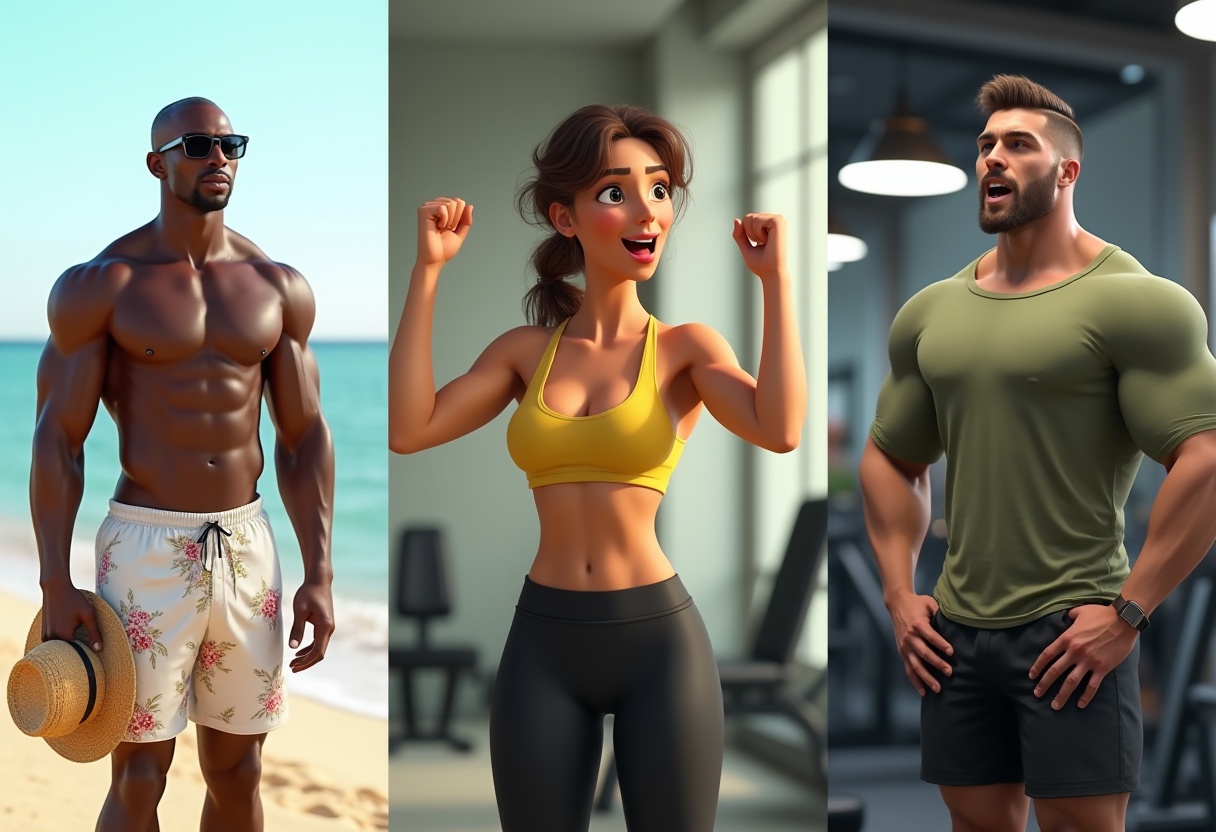 two male masculine ai-generated fitness influencers, one black and one white, and a white female slime ai-generated fitness influencer 