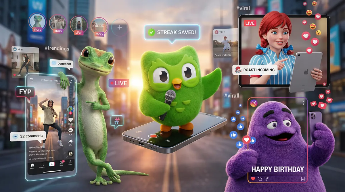 Duo (doulingo), Geiko gecko , Wendy's Girl, and McDonald's Grimace as brand mascots on social media