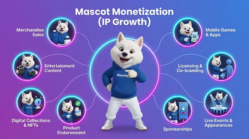 The image shows a humanoid brand mascot in the center, with multiple small circles around it, each depicting the same mascot appearing in various media to increase brand mascot ROI. 