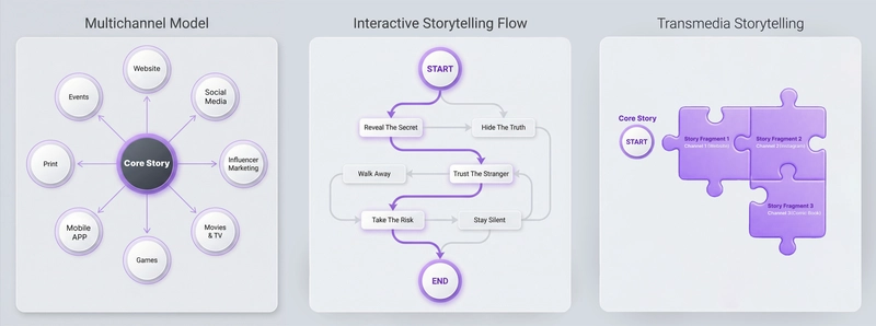 schematic images comparing transmedia character flow, interactive storytelling flow and multichannel model flow 