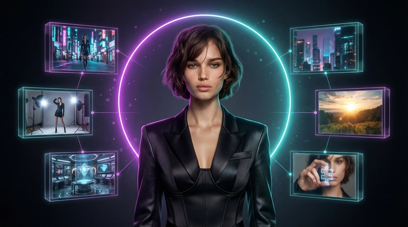 A transmedia character ecosystem displaying a character in the center with smaller images around her that feature her in different platforms and narratives 