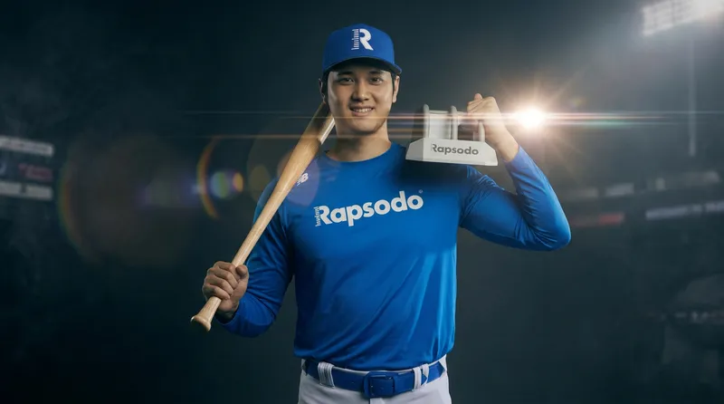 The digital twin of Shohei Ohtani, carry a device in one hand and a baseball stick in the other hand