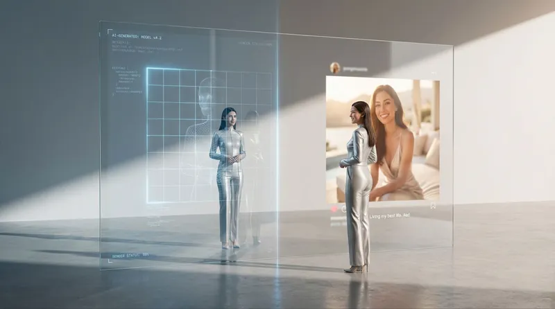 A smiling virtual girl is standing in front of her digital reflection while a large screen displays her in a social media post. the image displays the idea of transparency as a key to ai influencer ethics. 