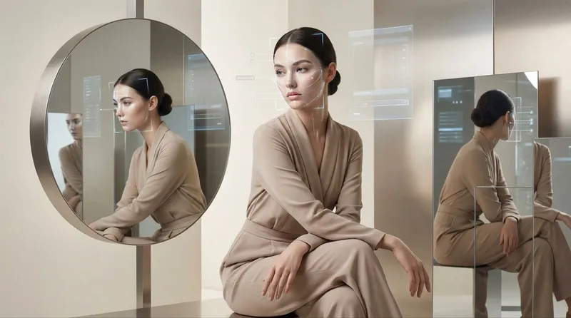 A sad girl is sitting on a surface with her back and side facing the mirrors. the mirrors reflect her image, The image conveys the idea of unrealistic beauty standards imposing by ai-generated images that violates ai influencer ethics. 