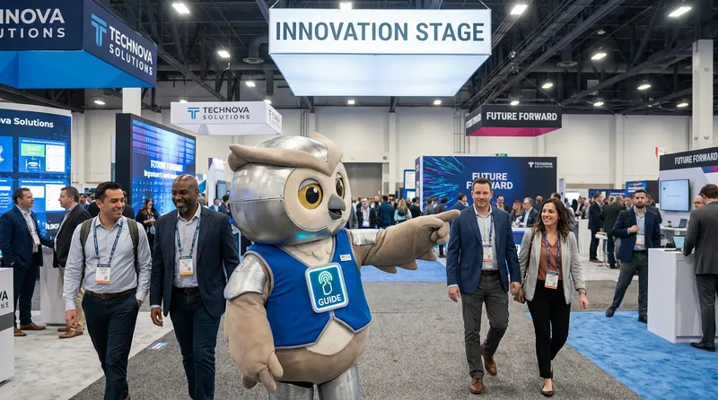 A physical humanoid mascot of an owl (a digital human kiosk) is standing in a crowded exhibition, showing the way to the visitors. 
