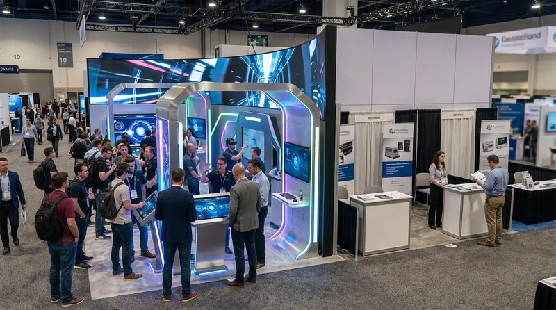Two exhibition booth are next to each other. One is a traditional booth and almost empty, the other a modern immersive kiosk and crowded. 