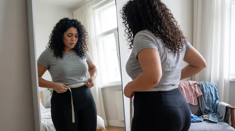 Amaya, an overweight virtual girl is standing in front of a mirror, making a sad expression while measuring her belly size with a meter. 
