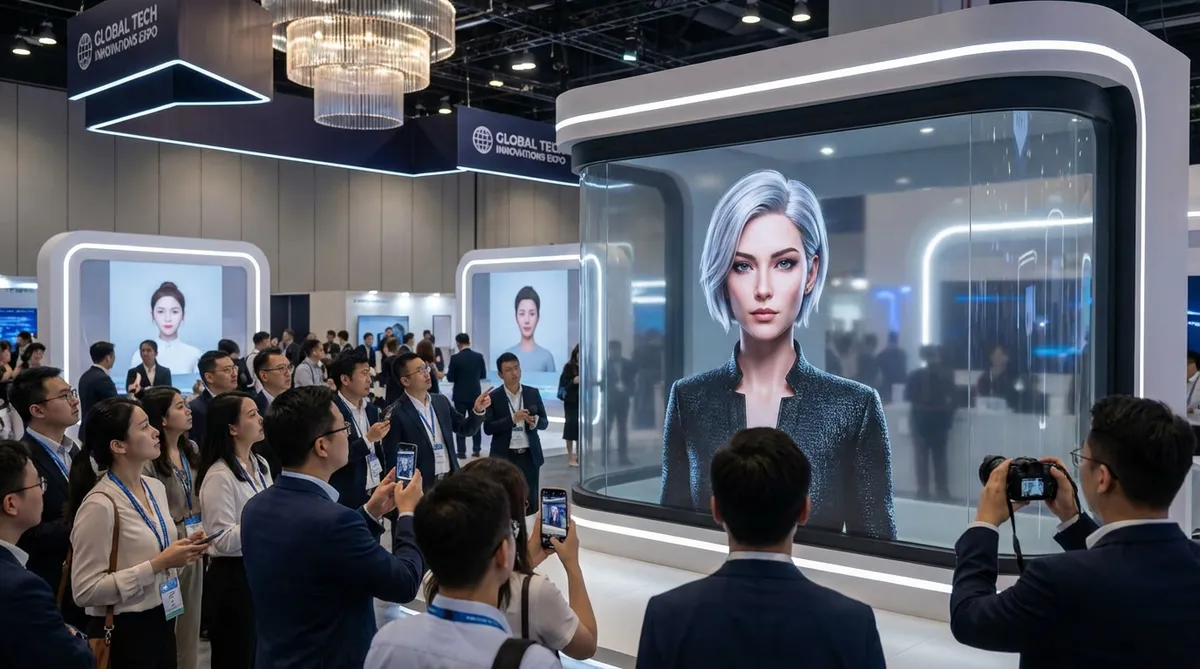 a virtual human kiosk in a crowded exhibit