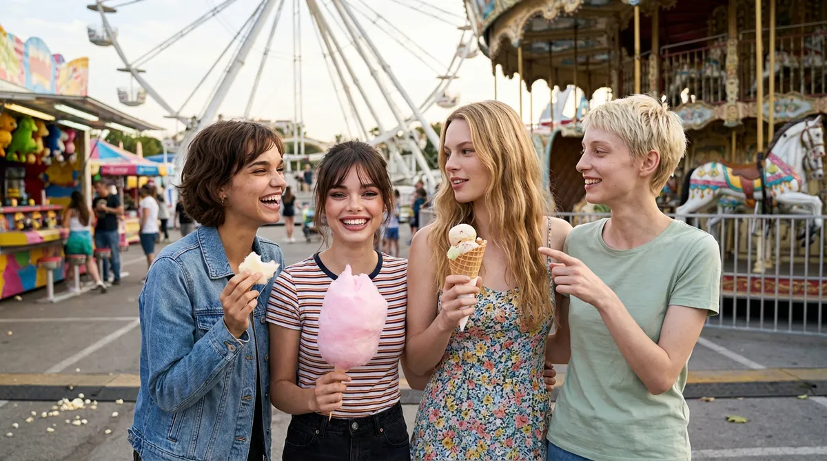 Four virtual girls are eating ice cream and laughing in a playground, proving virtual influencer authenticity.