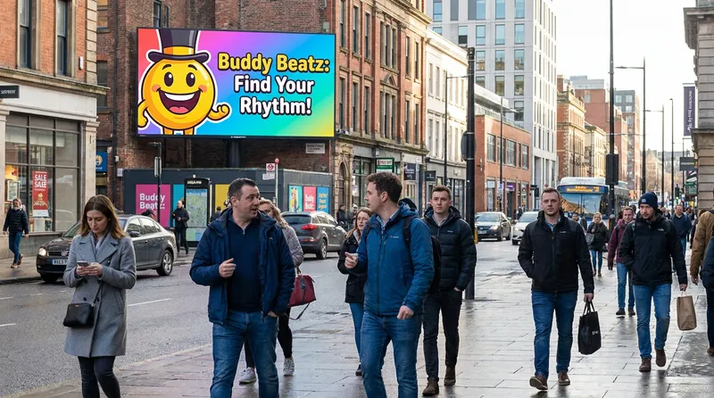 A crowded street with an advertising billboard displaying a brand mascot. people are passing by without looking at the ad, which show psychology of brand mascots must be taken seriously. 