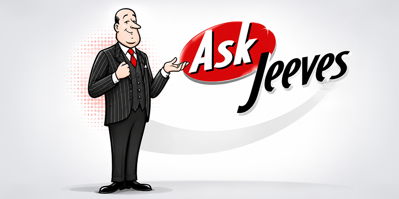 Jeeves, the dapper British butler mascot of the Ask Jeeves search engine, in his classic illustrated style