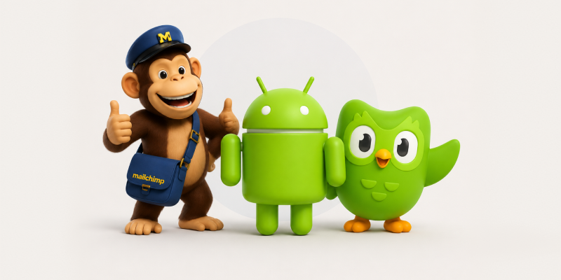 Three iconic tech mascots side by side: Wally from Williams Adley, Android's Bugdroid, and Mailchimp's Freddie the Chimp