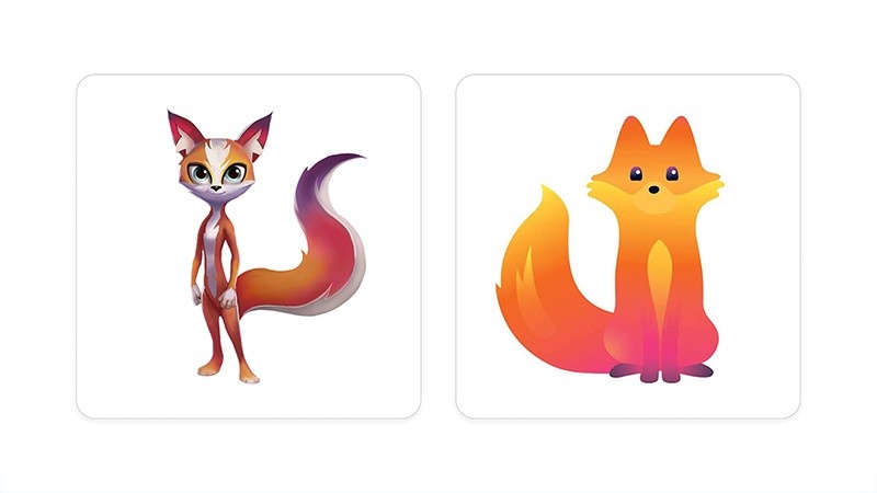 different versions of Firfox's mascot vs. logo