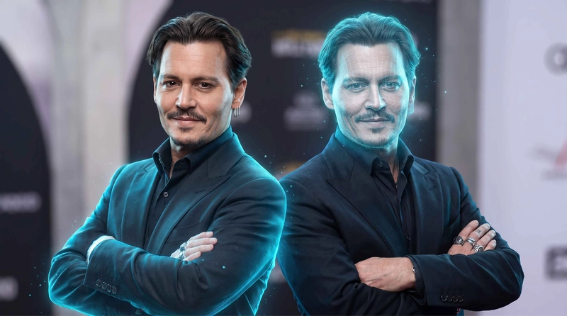 Johnny Depp stands next to a holographic version of himself
