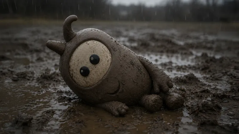 a failed mascot left in mud under rain, since it couldn't turn into a distinctive brand asset