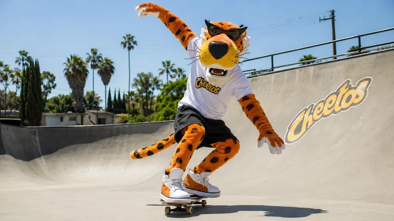 Chester Cheetah is skateboarding to demonstrate the energetic essence of Cheetos