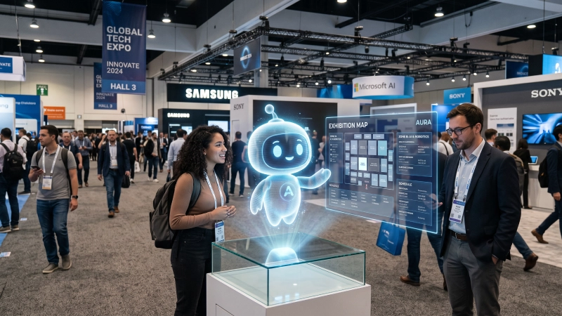 a holographic character guides visitors in an expo