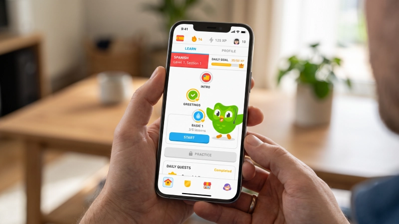 a person interacts with Duo in Duolingo, as a character-led digital experience 