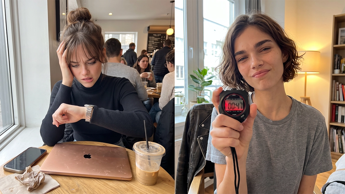 A split image of two virtual women: the left part shows a hired virtual influencer in a black turtleneck at a café, looking stressed and staring at her watch, while the right part shows a rented virtual influencer happily holding up a digital stopwatch, conveying fast market entry 