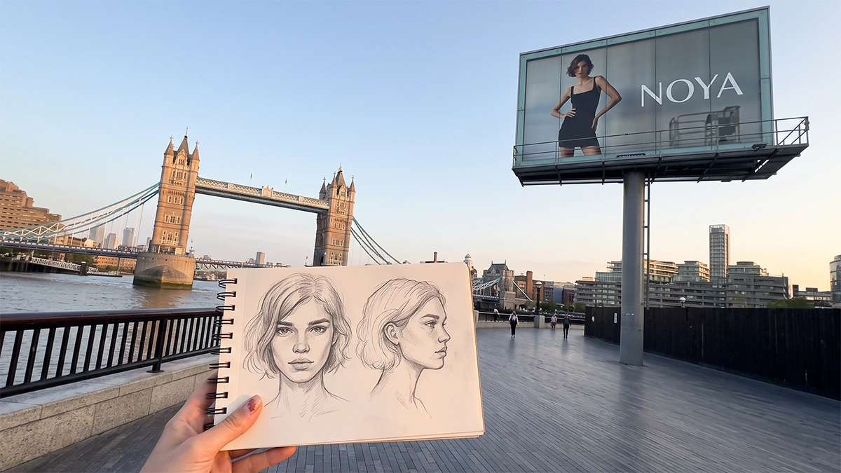 A hand holding a sketchbook with pencil drawings of a female virtual influencer's face from various angles, with a city street and a digital billboard featuring the same character in the background. 