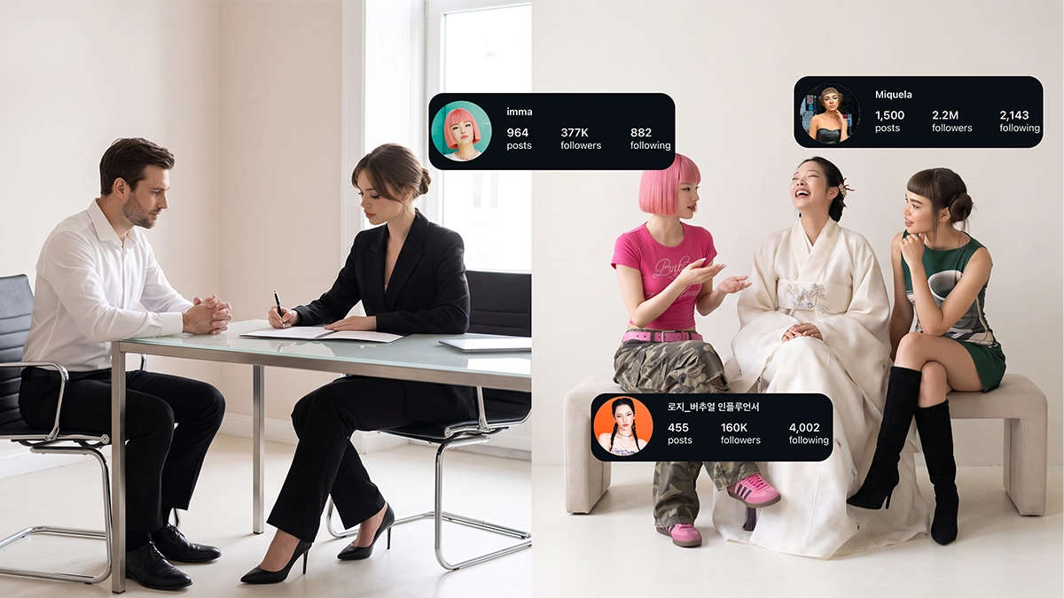 a split image comparing brand-owned virtual influencers with rented ones by featuring a virtual influencer signing a contract in a formal office setting on the left, and imma gram, lil miquela and rozy gram, the digital social media stars, talking and laughing on the right